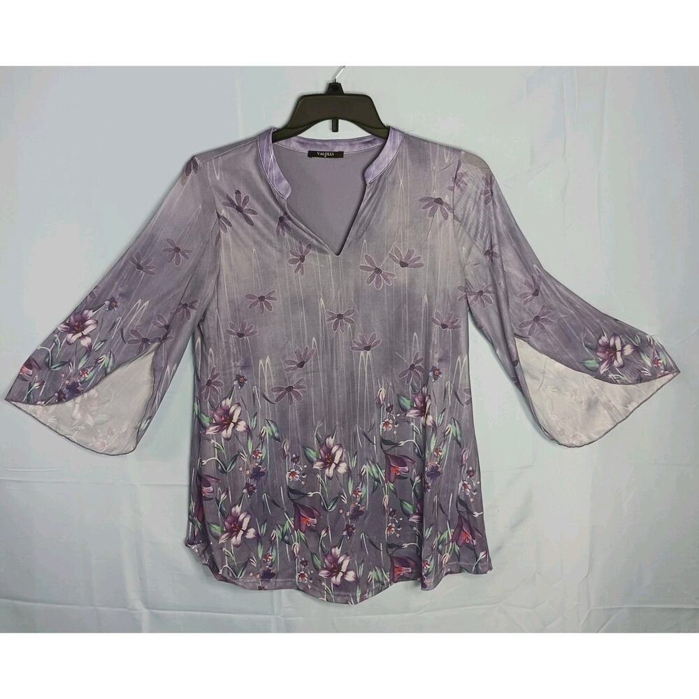 Valolia Blouse Women's Medium Purple Floral 3/4 Sleeve Lined EUC